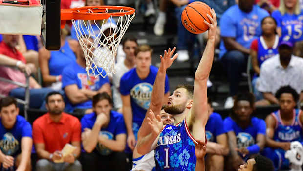 Nov 20, 2023; Honolulu, Hawaii, USA; Kansas Jayhawks center Hunter Dickinson (1) shoots the ball during the second period against the Chaminade Silverswords at SimpliFi Arena at Stan Sheriff Center. Mandatory Credit: Steven Erler-USA TODAY Sports  